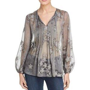 Elie Tahari grey chiffon Hallie blouse with floral embroidery, size S.